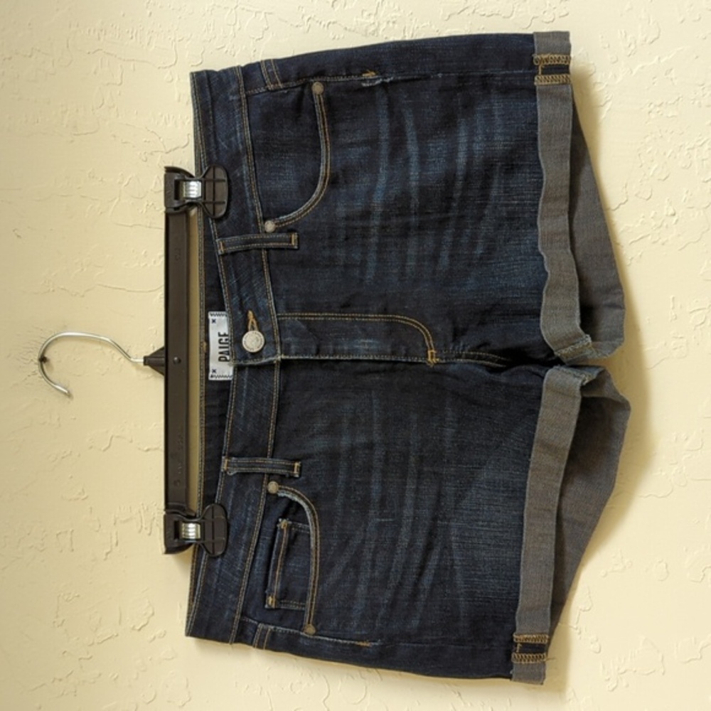 PAIGE Dark Wash Jimmy Jimmy Double Rolled Hem Jean Shorts Size 30 - Picture 2 of 9